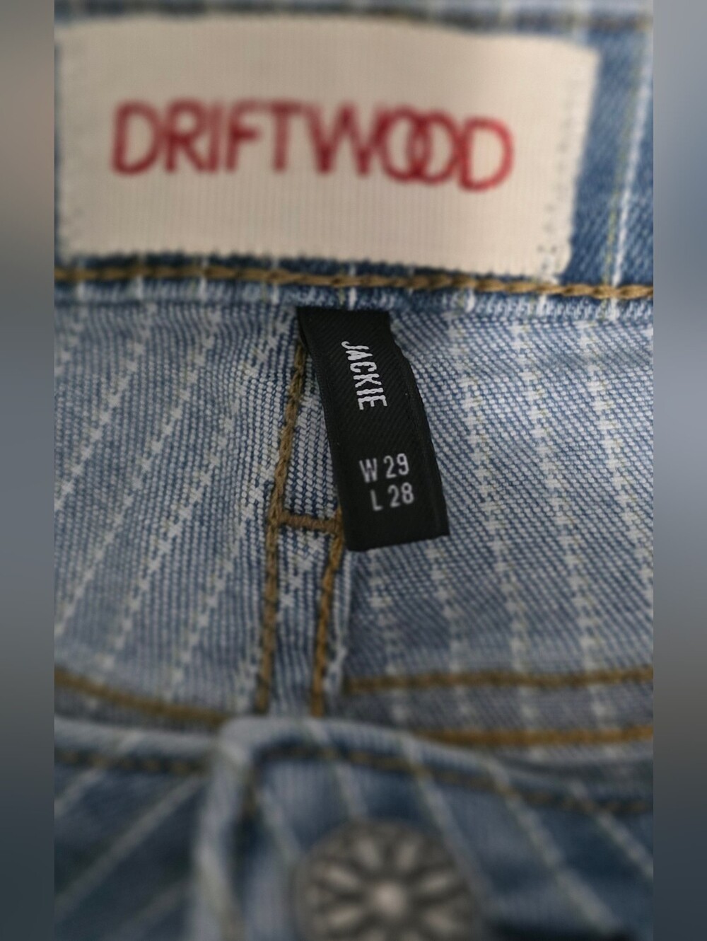 DRIFTWOOD Light Blue Pinstripe Skinny Jeans with White Floral Embroidery NWT - Picture 13 of 15